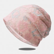 Women Lace Hollow Breathable Baotou Hat Colored Floral Pattern Outdoor Wild Sunshade Beanie Hat Skull Hat