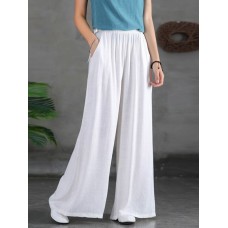 Women Casual Solid Color Side Drawstring Loose Wide Leg Pants With Pockets