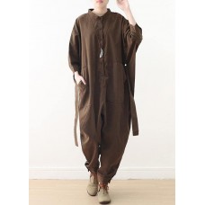 New style literary retro women's loose lace-up one-piece brown overalls