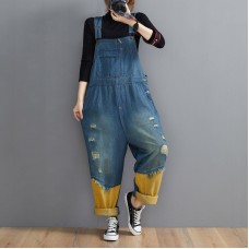 Style Denim Blue Pant Plus Size Spring Hole Jumpsuit Pants