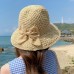Women Hollow Bow Decoration Woven Straw Hat Summer Travel Foldable Suncreen Bucket Hat