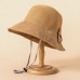 Women Color Matching Stitching Brim Straw Hat Rear Split Design Adjustable Bow Breathable Suncreen Bucket Hat