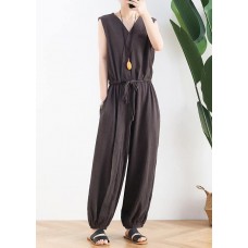 Korean version of the thin wide-leg jumpsuit female summer cotton and linen loose fashion chocolate nine points jumpsuit