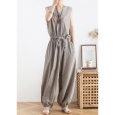2021 lace-up waist light gray wide leg jumpsuit female summer cotton and linen jumpsuit