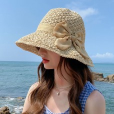 Women Hollow Bow Decoration Woven Straw Hat Summer Travel Foldable Suncreen Bucket Hat