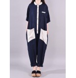 Women linen Fitted Fashion Spliced Big Pockets Casual Romper