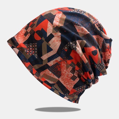 Women Colored Geometry Print Baotou Hat Dual  use Neck Protection Sunshade Bib Elastic Skin  friendly Scarf Beanie Hat