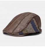 Women PU Leather Autumn Warm Beret Cap Retro Color Stripe Knit Stitching Patch Flat Hat Forward Cap Peaked Cap