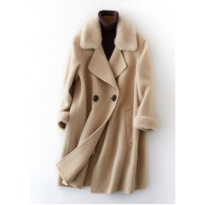 boutique beige Woolen Coats oversize medium length jackets fur collar coat double breast