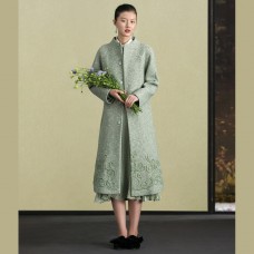 Fashion light green woolen outwear trendy plus size stand collar winter jackets embroidery women coats