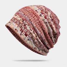 Women Polyester Cotton Overlay Geometry Print Elastic Dual  use Bib Scarf Beanie Hat